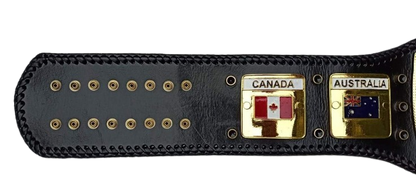 A black leather belt featuring two gold-tone metal nameplates with Canada and Australia flags, shown against a plain white background.