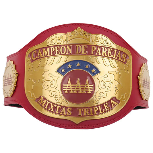 Red and gold championship belt with 'Campeon de Parejas' text on a white background