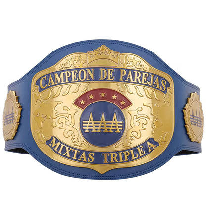 Blue and gold championship belt with intricate designs on a white background
