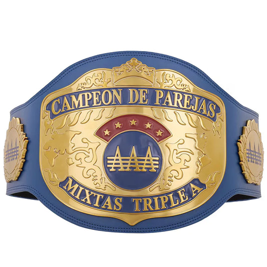 Blue and gold championship belt with intricate designs on a white background