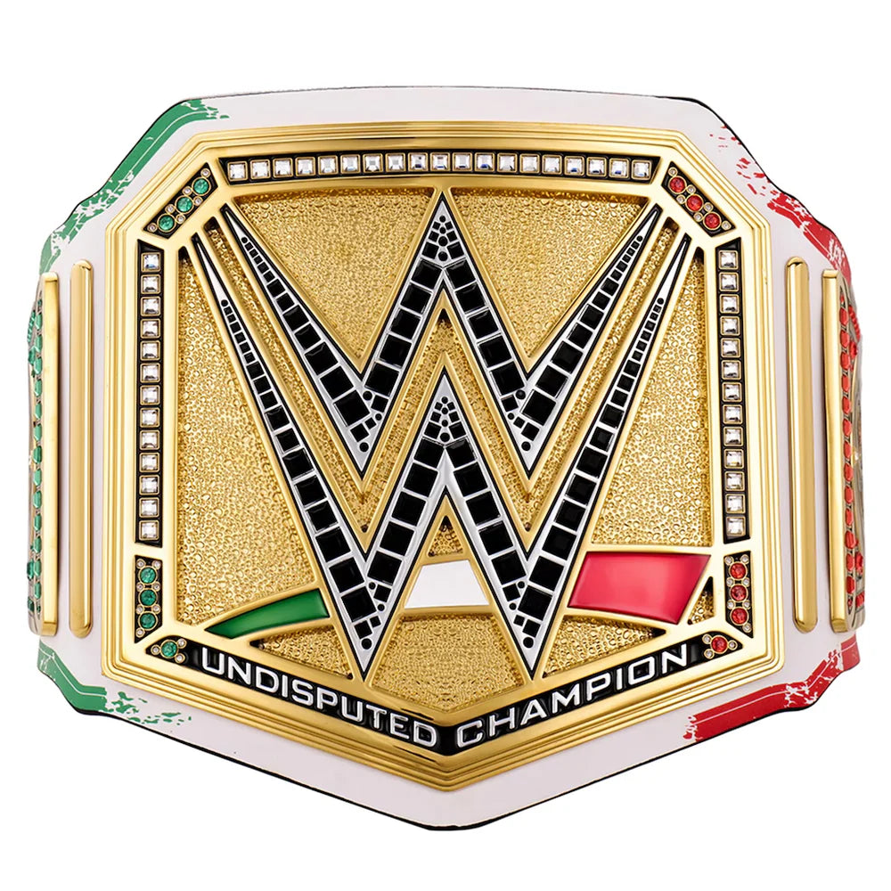 WWE Undisputed Champion belt featuring a large gold textured center with a black and white WWE 'W' logo, bordered by white, green, and red accents with small rhinestone details.