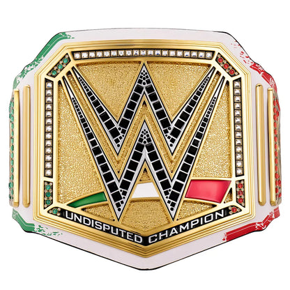 WWE Undisputed Champion belt featuring a large gold textured center with a black and white WWE 'W' logo, bordered by white, green, and red accents with small rhinestone details.