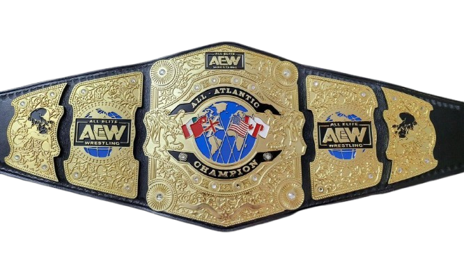 A gold and black AEW All Atlantic Wrestling Championship belt, featuring ornate gold plates with detailed engravings and the AEW logo, set against a plain white background.