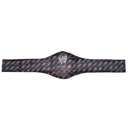 A WWE 'Attitude' World Heavyweight Championship belt featuring a dark navy blue and red patterned strap with a silver WWE logo and white text on the center buckle, shown against a plain white background.