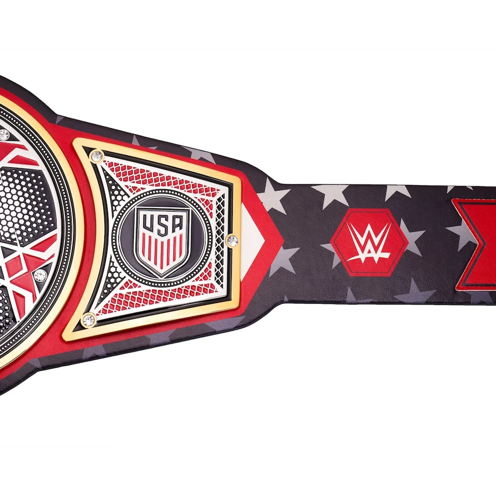 A WWE USA Championship belt featuring a black and red American flag design with white stars, gold trim, and the WWE logo on the strap, shown against a plain white background.