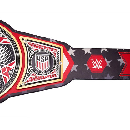 A WWE USA Championship belt featuring a black and red American flag design with white stars, gold trim, and the WWE logo on the strap, shown against a plain white background.