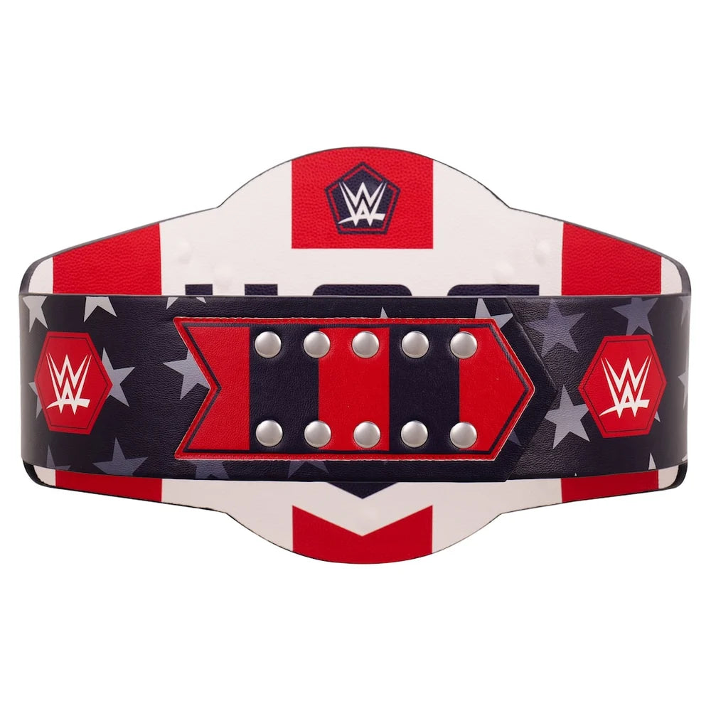 A WWE USA championship belt featuring a red, white, and navy blue American flag theme with white stars, silver studs, and WWE logos on a plain white background.
