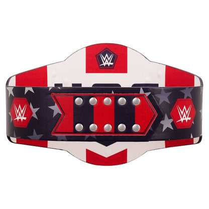 A WWE USA championship belt featuring a red, white, and navy blue American flag theme with white stars, silver studs, and WWE logos on a plain white background.