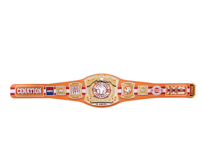 A championship belt with a large central silver-toned plate featuring a stylized skull emblem and the text 'WRESTLING WORLD CHAMPIONSHIP', flanked by two smaller gold and silver plates, all on a black strap, shown against a plain white background.