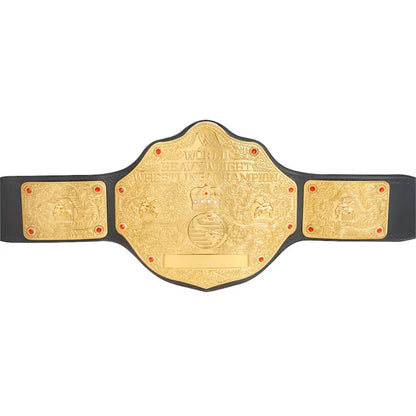 A professional wrestling championship belt with a large gold central plate and two matching gold side plates on a black strap, shown against a plain white background.
