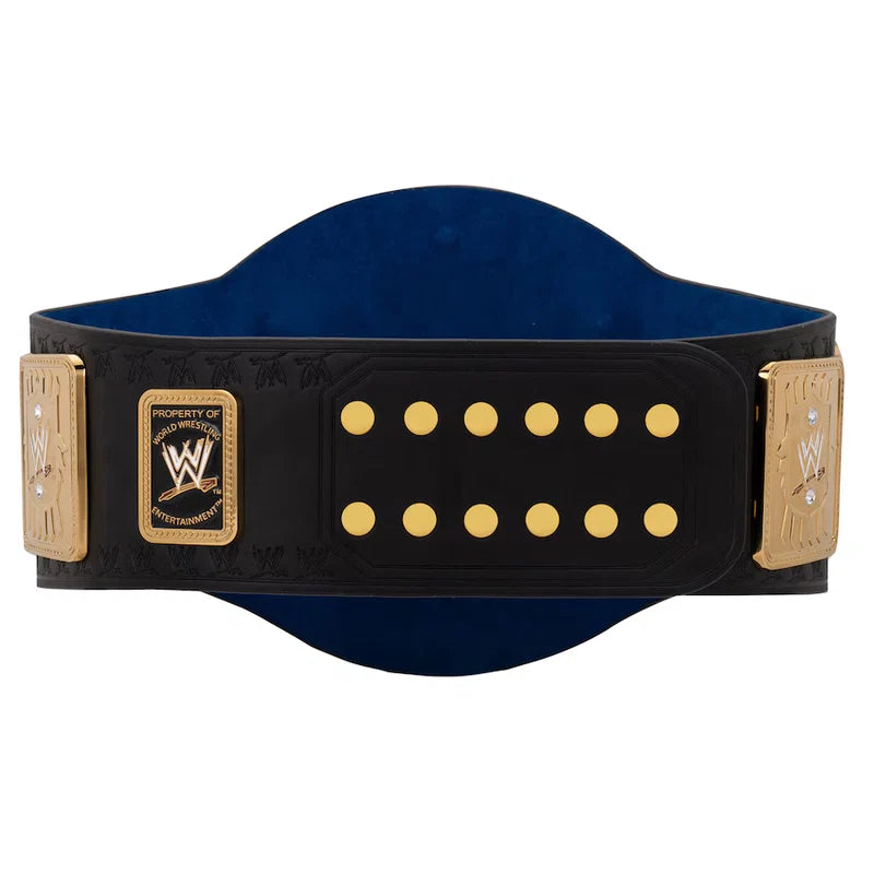 A professional wrestling championship belt with a large gold central plate and two matching gold side plates on a black strap, shown against a plain white background.