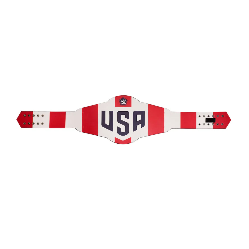 A replica WWE USA wrestling championship belt with red and white stripes, featuring the letters 'USA' in navy blue on the center plate and the WWE logo above it, set against a plain white background.