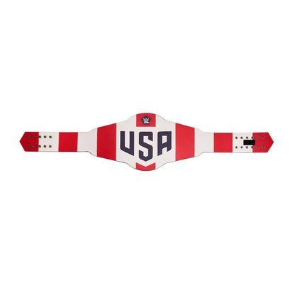 A replica WWE USA wrestling championship belt with red and white stripes, featuring the letters 'USA' in navy blue on the center plate and the WWE logo above it, set against a plain white background.