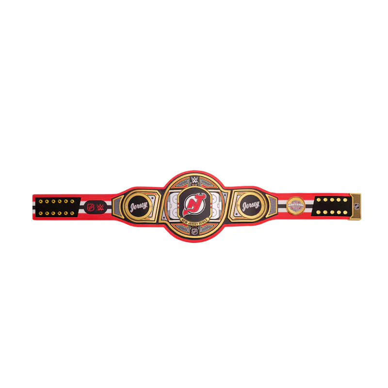 A replica of the New Jersey Devils NHL championship belt, featuring red, black, and gold colors with the team logo in the center, shown against a plain white background.