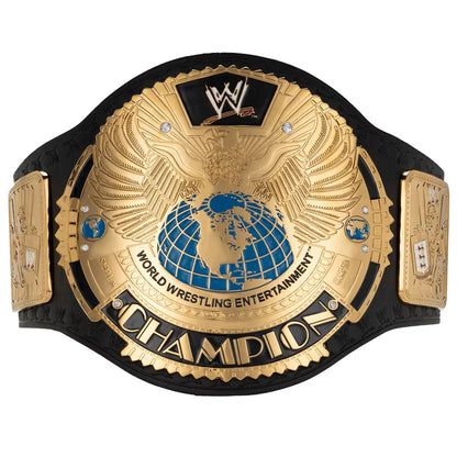 A replica or custom wrestling championship belt featuring an ornate gold and silver engraved plate with brown leather trim, set against a plain white background.