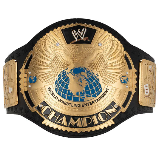 A replica or custom wrestling championship belt featuring an ornate gold and silver engraved plate with brown leather trim, set against a plain white background.