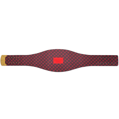 Red and black patterned belt with a gold buckle on a white background