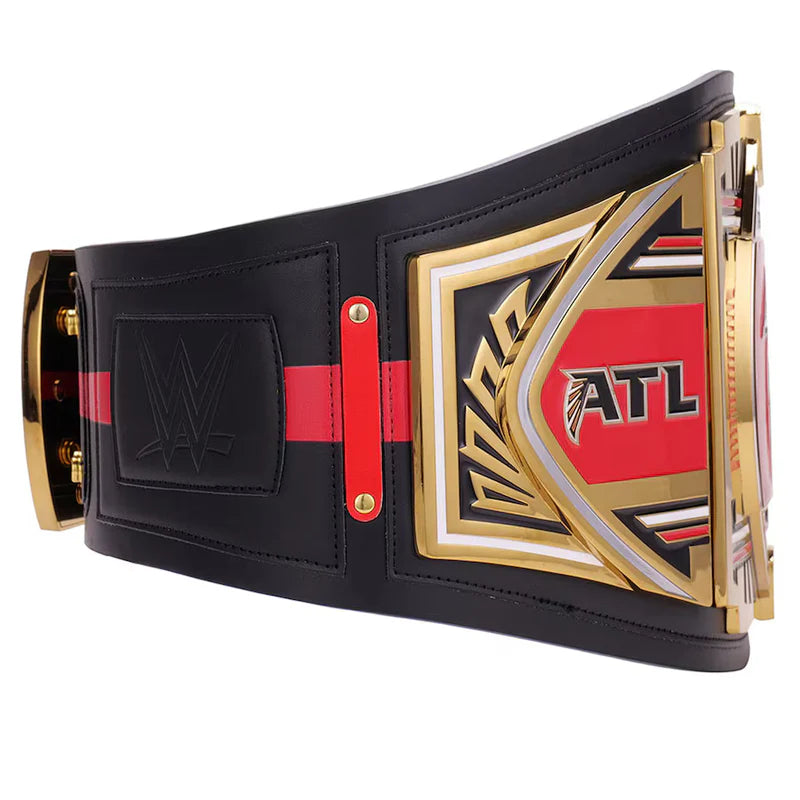 Black championship belt with gold and red accents on a white background