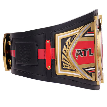 Black championship belt with gold and red accents on a white background