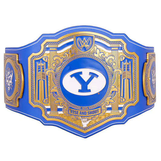 Blue and gold championship belt with 'Y' logo on a white background