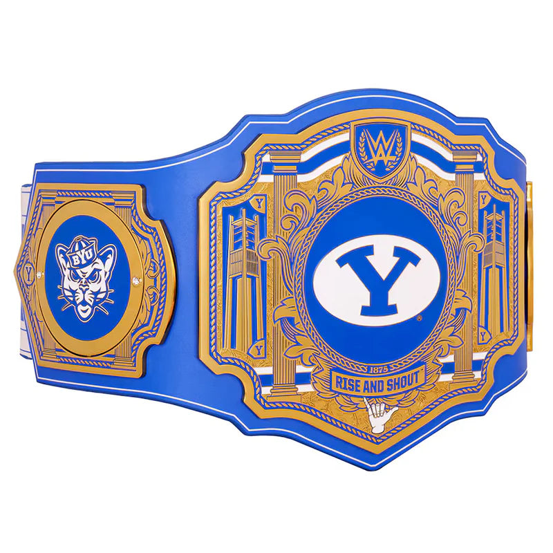 Blue and gold championship belt with 'Y' logo on a white background