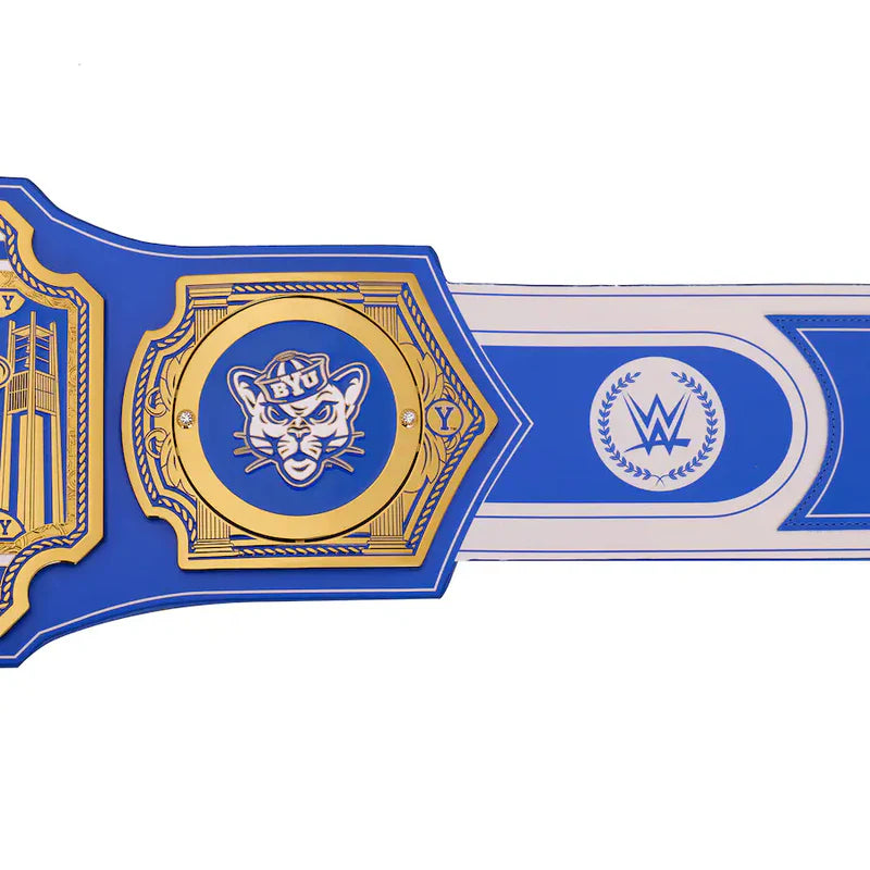 Blue and gold championship belt with logos on a white background BYU Cougars Gridiron Glory WWE Legacy Belt
