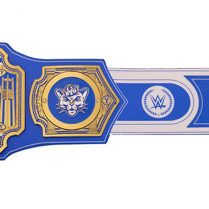 Blue and gold championship belt with logos on a white background BYU Cougars Gridiron Glory WWE Legacy Belt