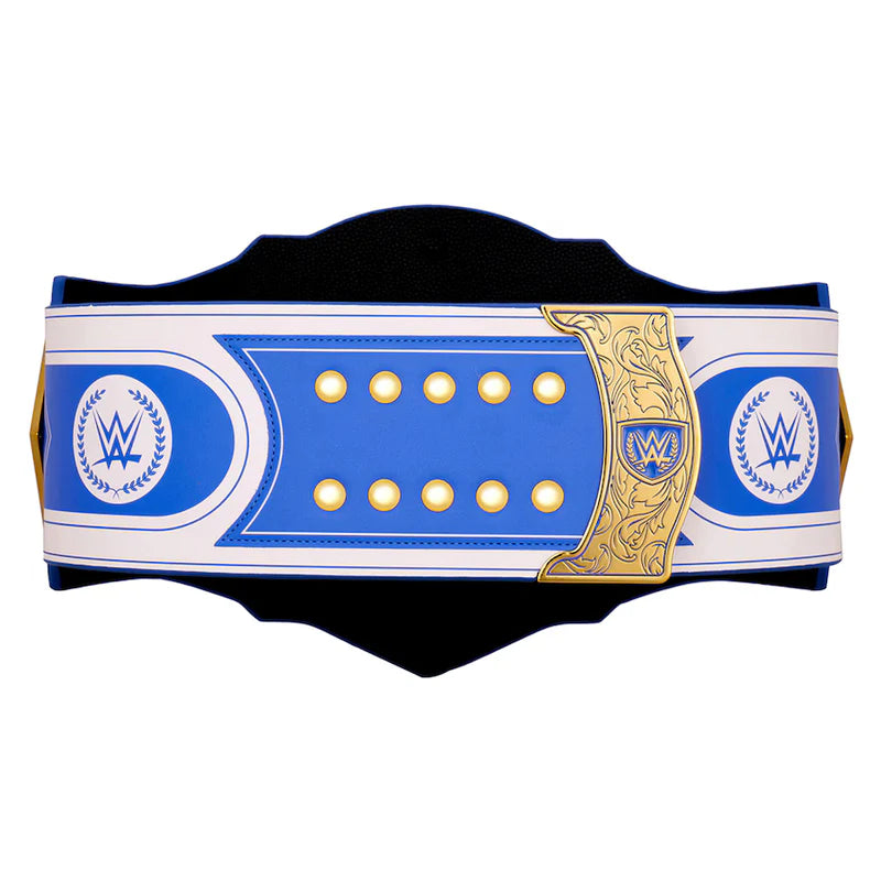 Wrestling championship belt with blue and white design on a white background