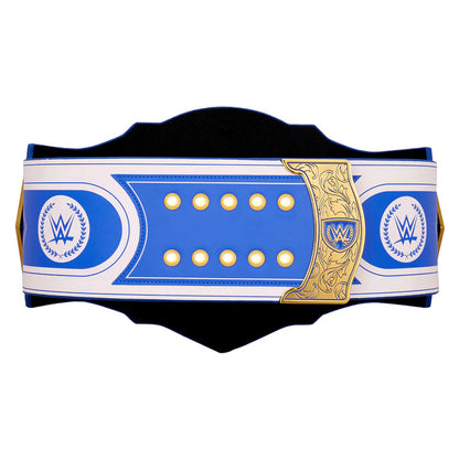 Wrestling championship belt with blue and white design on a white background