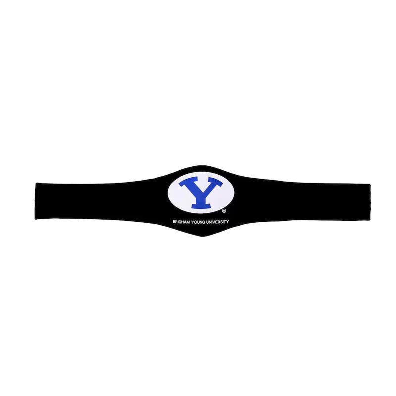 Black headband with a logo featuring a blue 'Y' on a white background
