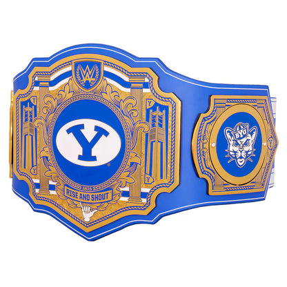Blue and gold championship belt with 'Y' logo on a white background