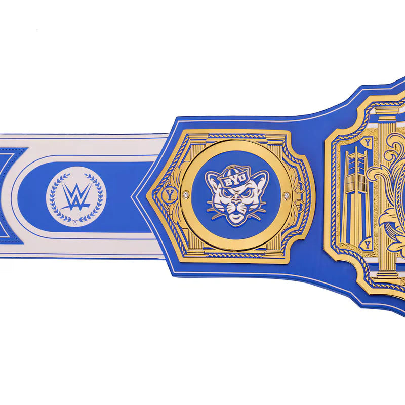 Blue and gold championship belt with a logo on a white background BYU Cougars Gridiron Glory WWE Legacy Belt