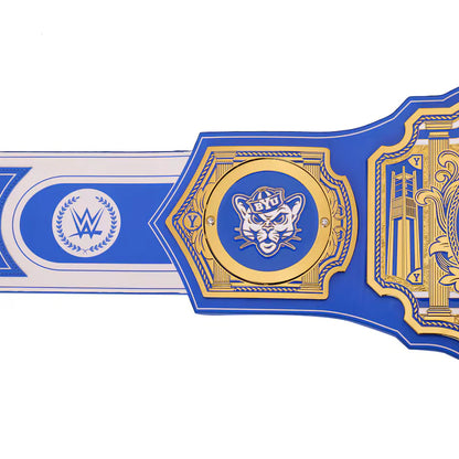 Blue and gold championship belt with a logo on a white background BYU Cougars Gridiron Glory WWE Legacy Belt