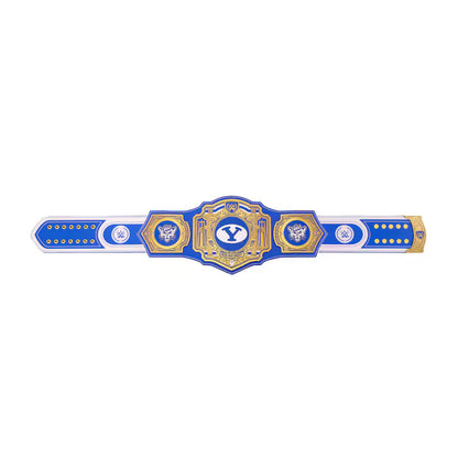 Blue and gold championship belt with a prominent 'Y' logo on a white background
