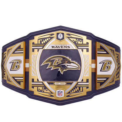 Baltimore Ravens championship belt with gold and purple design on a white background