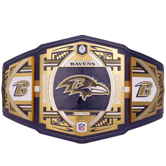 Baltimore Ravens championship belt with gold and purple design on a white background