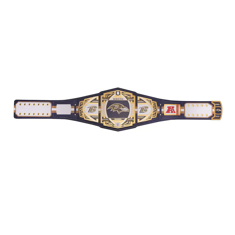 Wrestling championship belt with gold and black design on a white background