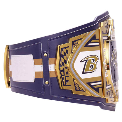 Wrestling championship belt with gold and purple design on a white background