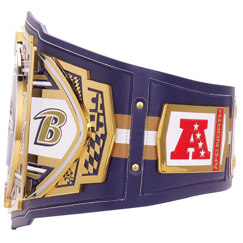 Wrestling championship belt with blue, gold, and red colors on a white background