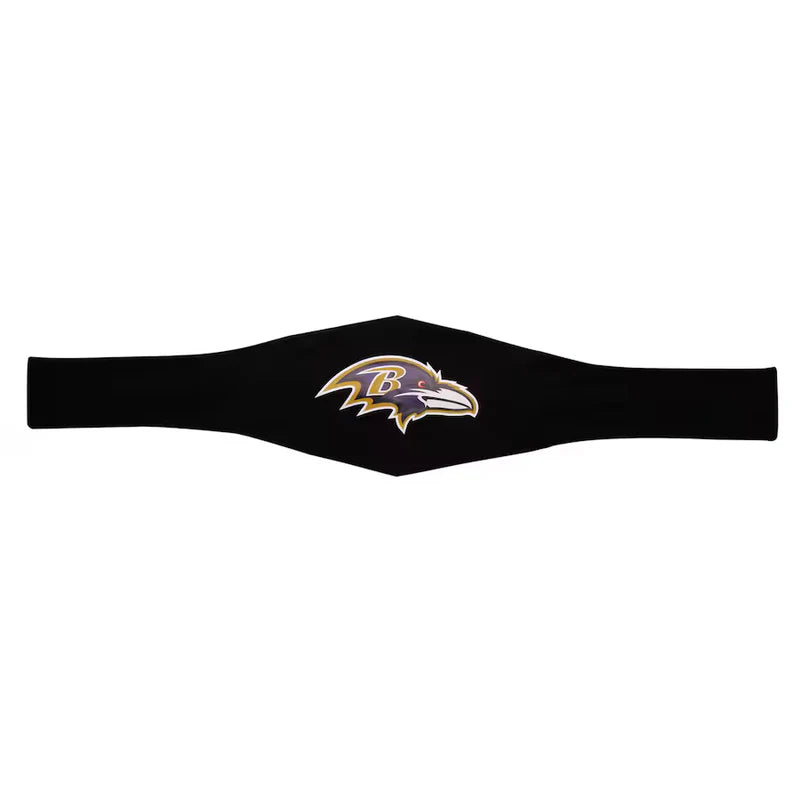 Black headband with a logo on a white background