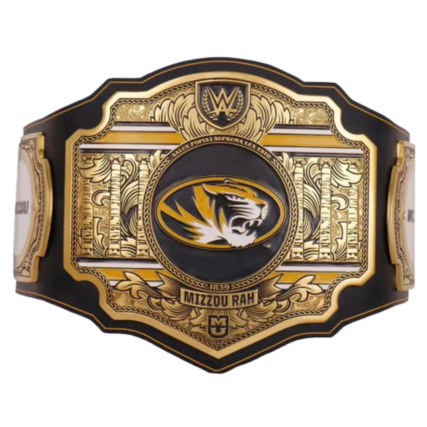 Decorative belt with a tiger emblem and 'Mizzou Rah' text on a white background