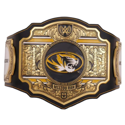 Decorative belt with a tiger emblem and 'Mizzou Rah' text on a white background