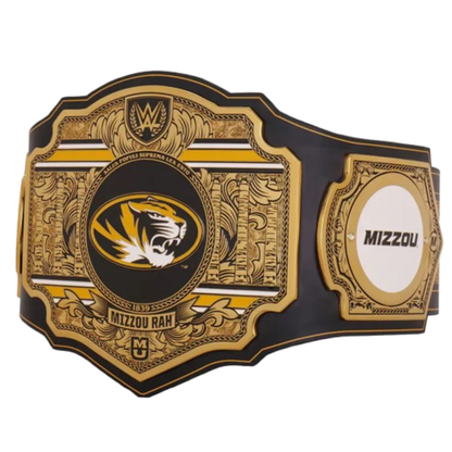 Decorative belt with gold and black design featuring a tiger logo and 'Mizzou' text on a white background.