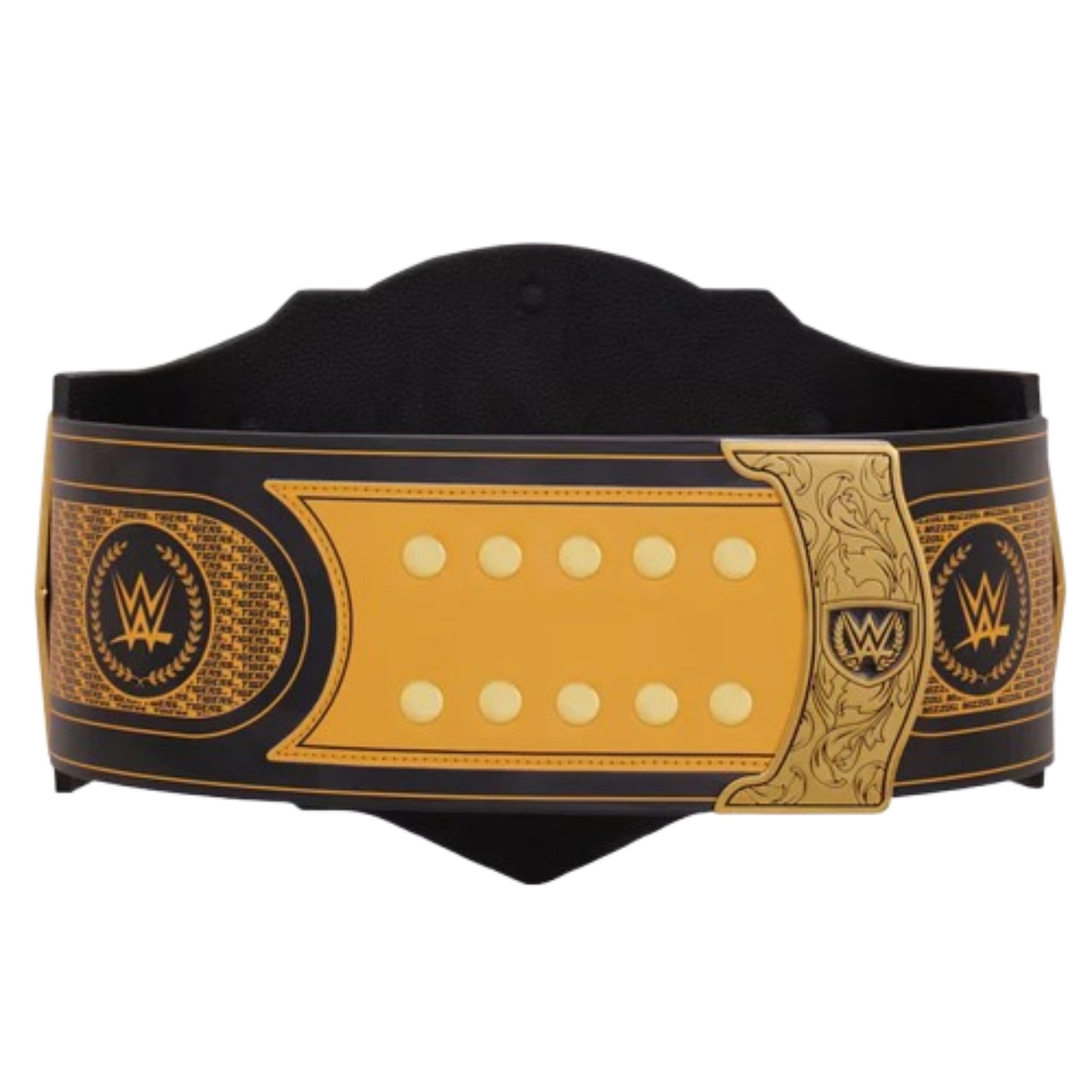 Black and gold championship belt with WWE logos on a white background