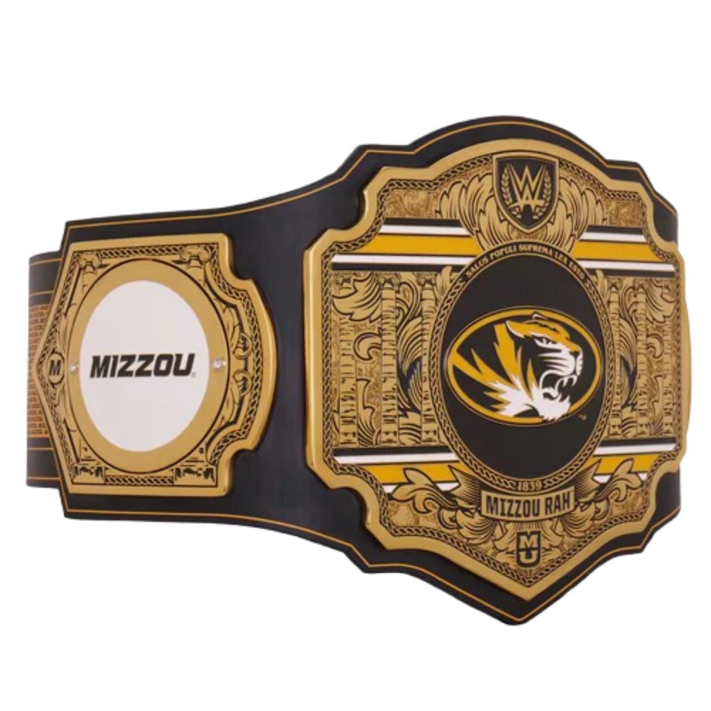 Decorative belt with 'Mizzou' and tiger logo on a white background