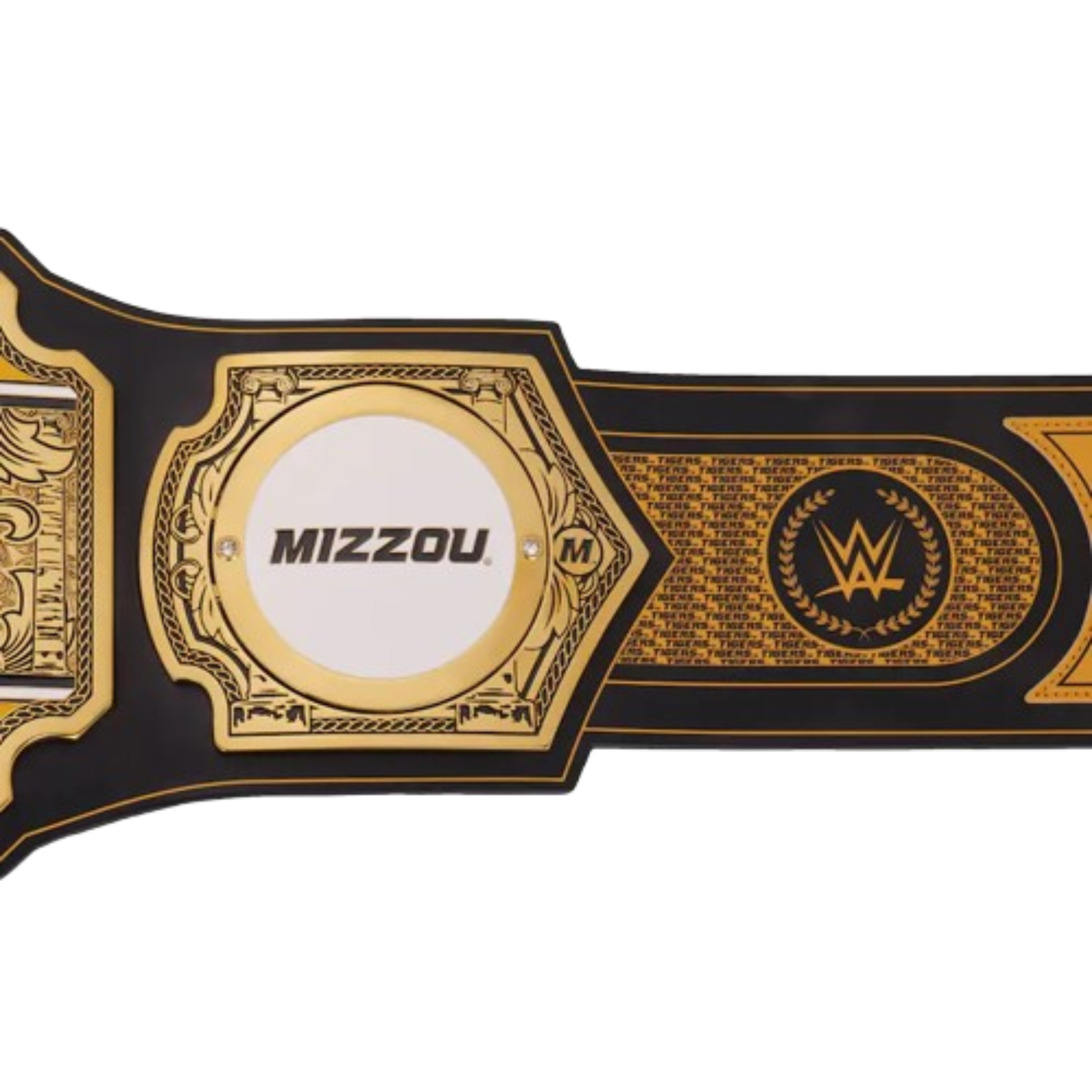 Black and gold championship belt with 'Mizzou' and WWE logos on a white background