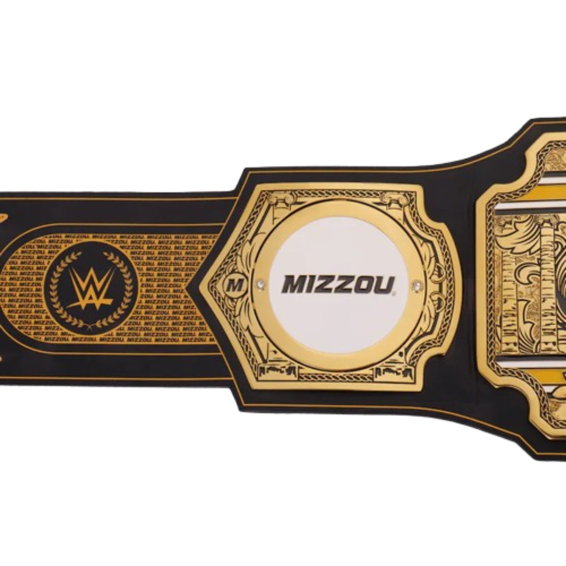 Decorative belt with 'Mizzou' and WWE logos on a white background