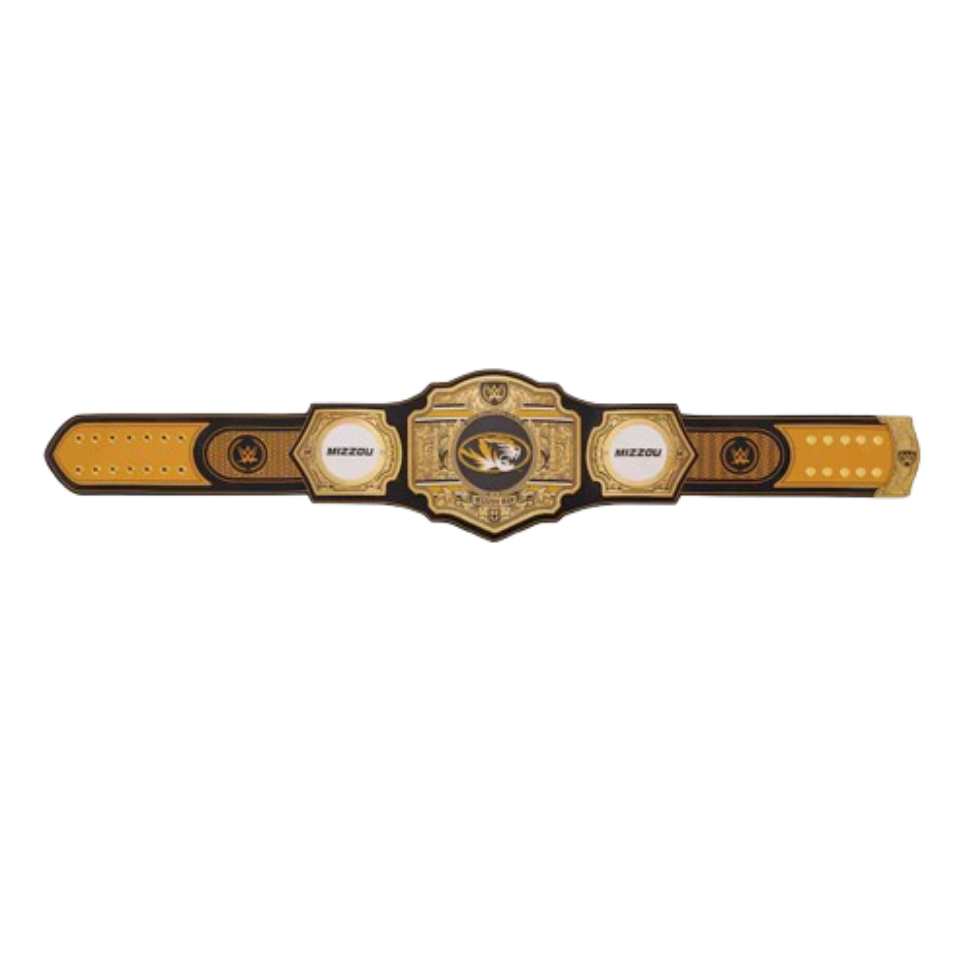 Gold and black championship belt with a central emblem on a white background
