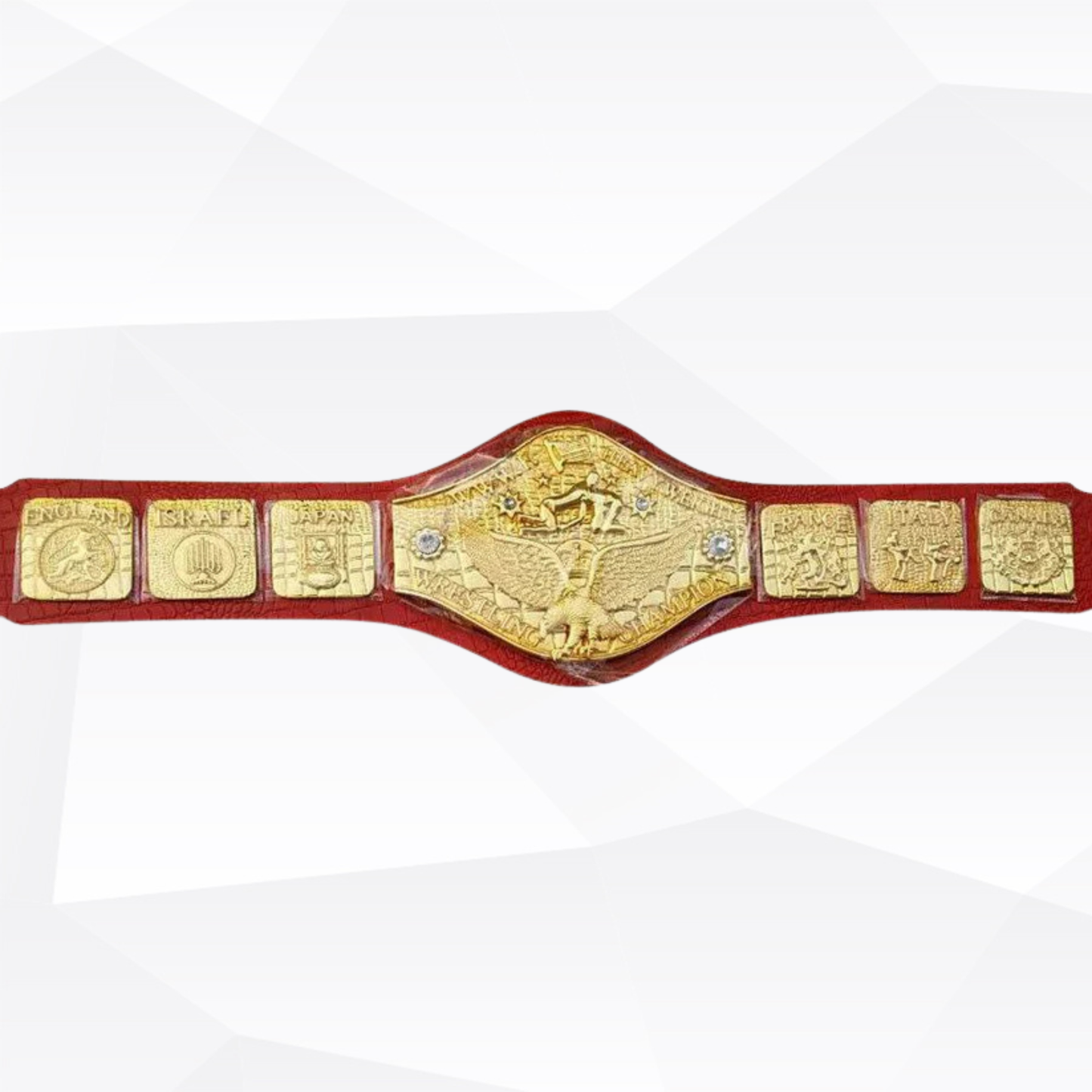 Wrestling championship belt with gold buckle on a white background