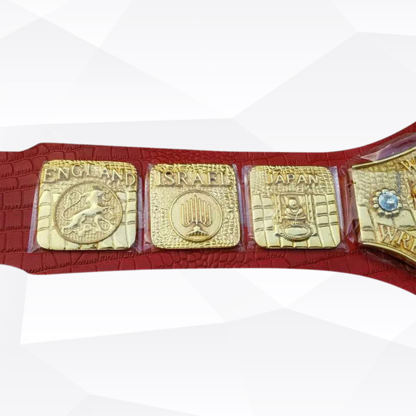 Red championship belt with gold plates on a white background
